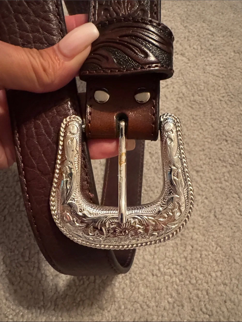 Nocona Vintage Tooled Brown Buffalo Leather Western Belt with Silver Buckle